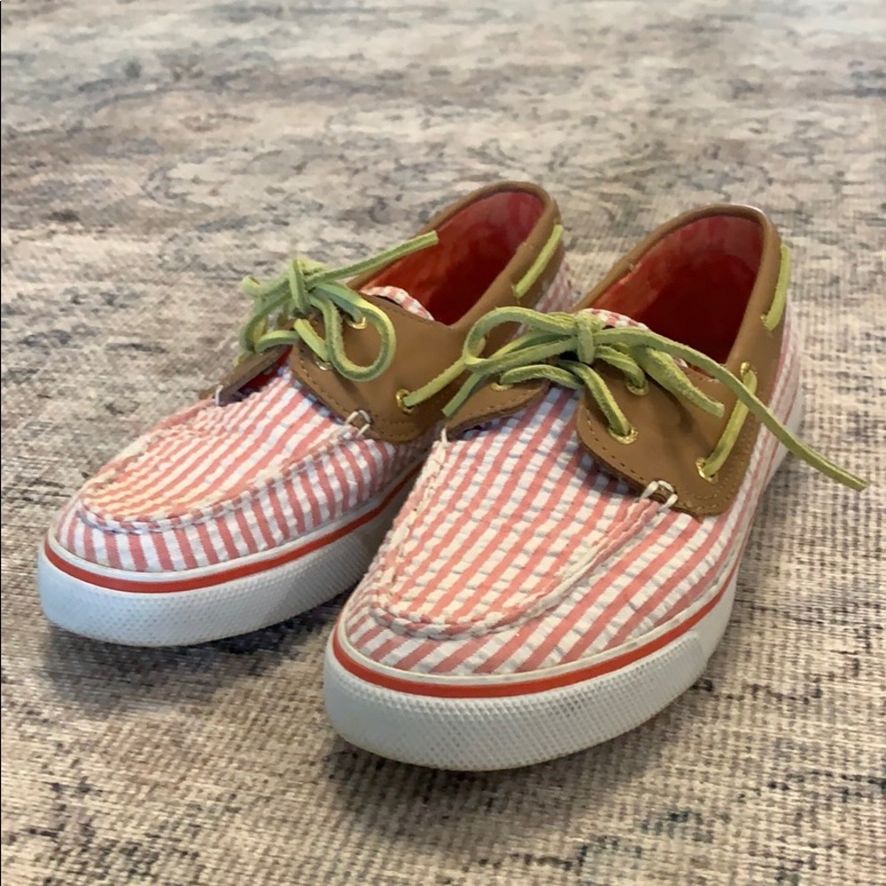 Sperry coral seersucker boat shoes